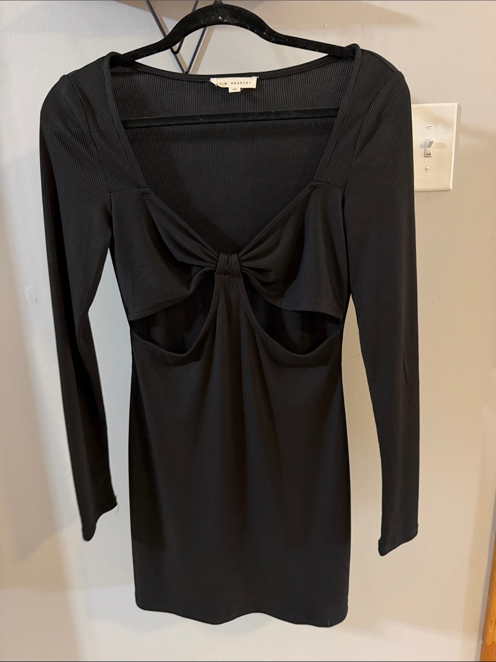 La Hearts Black Long-Sleeve Knot-Front Mini Dress